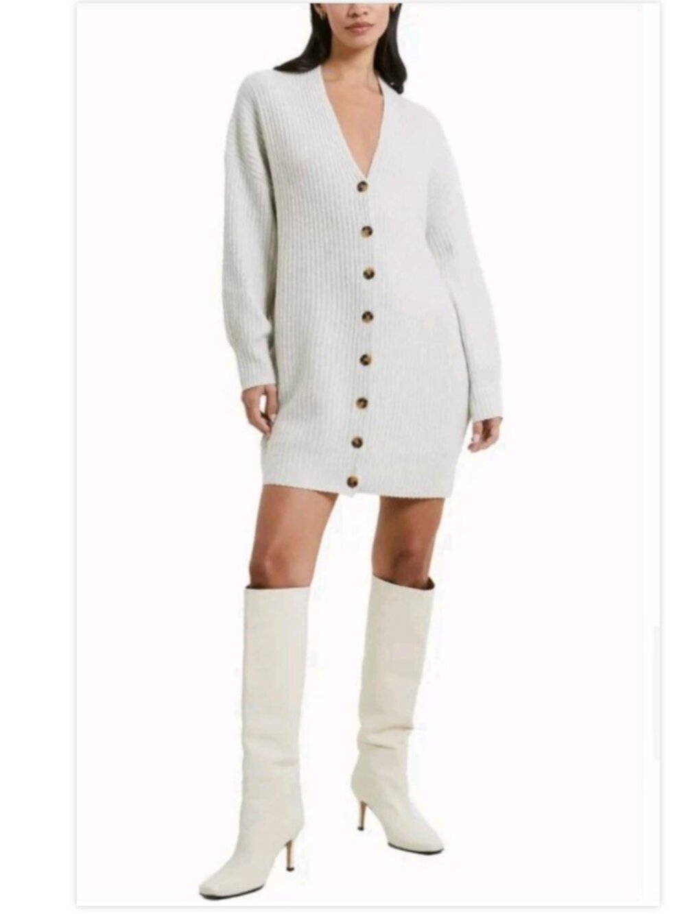 French Connection Balloon Sleeves Ribbed Button-Down Sweater Dress